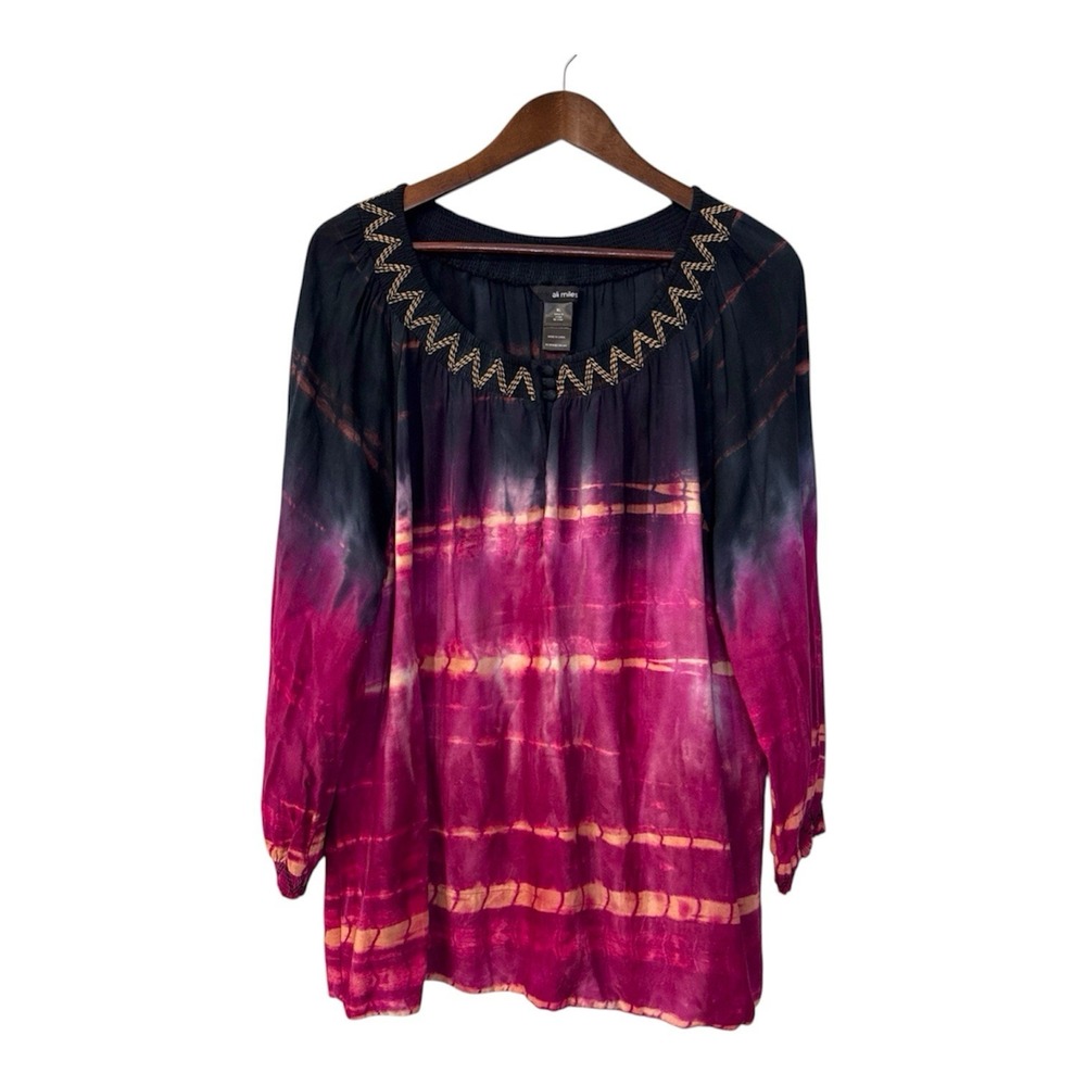 Ali Miles blouse women's XL tie dye art hippie boho peasant colorful embroidered